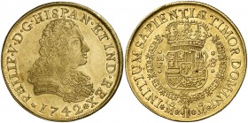 1742. Felipe V. México. MF. 8 escudos. (Cal. 137) (Cal.Onza 439). 26,93 g. Acuñación floja. Bella. Brillo original. EBC+/S/C-.