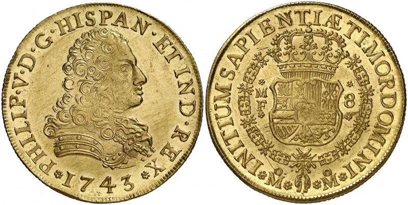 1743. Felipe V. México. MF. 8 escudos. (Cal. 139) (Cal.Onza 441). 26,99 g. Finas...