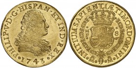 1743. Felipe V. México. MF. 8 escudos. (Cal. 139) (Cal.Onza 441). 26,99 g. Finas rayitas. Bella. Brillo original. S/C-.