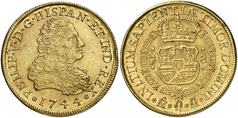1744. Felipe V. México. MF. 8 escudos. (Cal. 140) (Cal.Onza 442). 27 g. Atractiv...