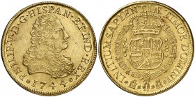 1744. Felipe V. México. MF. 8 escudos. (Cal. 140) (Cal.Onza 442). 27 g. Atractiva. Rara. EBC-/EBC.