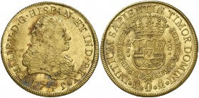 1745. Felipe V. México. MF. 8 escudos. (Cal. 141) (Cal.Onza 443). 27,04 g. Mínimas rayitas de acuñación. Muy bella. Brillo original. Rara y más así. S...