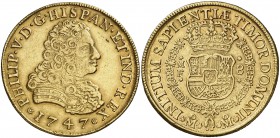 1747. Felipe V. México. MF. 8 escudos. (Cal. 144) (Cal.Onza 446). 26,93 g. Muy rara. MBC.