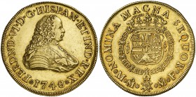 1748. Fernando VI. México. MF. 8 escudos. (Cal. 34) (Cal.Onza 597). 26,97 g. Limpiada. Rara. EBC.
