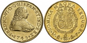 1749. Fernando VI. México. MF. 8 escudos. (Cal. 36) (Cal.Onza 599). 27 g. Rayita en reverso. Bella. Brillo original. Rara y más así. EBC+.