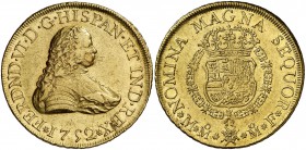 1752. Fernando VI. México. MF. 8 escudos. (Cal. 40) (Cal.Onza 603). 27 g. Primer año sin indicación de valor. Pequeña reparación en anverso. Parte de ...
