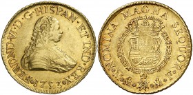 1753. Fernando VI. México. MF. 8 escudos. (Cal. 41) (Cal.Onza 504). 26,95 g. Acuñación algo floja. Parte de brillo original. Rara. EBC.