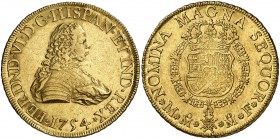 1754. Fernando VI. México. MF. 8 escudos. (Cal. 42) (Cal.Onza 605). 27,01 g. Rara. MBC+/EBC-.