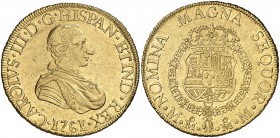 1761. Carlos III. México. MM. 8 escudos. (Cal. 72) (Cal.Onza 743). 26,95 g. Toisón sobre el pecho. Parte de brillo original. Muy rara. MBC+.