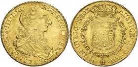 1763. Carlos III. México. MM. 8 escudos. (Cal. 74) (Cal.Onza 745). 26,99 g. Tipo "cara de rata". Golpecito en el cuello. Bonito color. Rara. EBC-/MBC+...