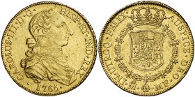 1765. Carlos III. México. MF. 8 escudos. (Cal. 80) (Cal.Onza 751). 27,01 g. Tipo "cara de rata". Precioso color. Rara. EBC-/EBC.