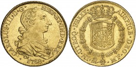 1768/7. Carlos III. México. MF. 8 escudos. (Cal. 83 var) (Cal.Onza falta). 27 g. Tipo "cara de rata". Limpiada. Muy rara. EBC-.
