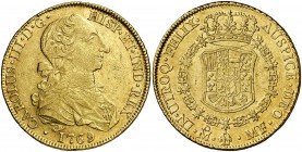 1769. Carlos III. México. MF. 8 escudos. (Cal. 84) (Cal.Onza 756). 26,95 g. Tipo "cara de rata". Muy rara. MBC+.