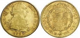 1773. Carlos III. México. FM. 8 escudos. (Cal. 90) (Cal.Onza 762). 26,89 g. Ceca y ensayadores invertidos. MBC/MBC+.