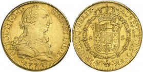 1774. Carlos III. México. FM. 8 escudos. (Cal. 91) (Cal.Onza 763). 26,99 g. Ceca y ensayadores invertidos. Leves rayitas. MBC/EBC-.