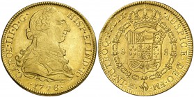 1776. Carlos III. México. FM. 8 escudos. (Cal. 93) (Cal.Onza 766). 26,92 g. Ceca y ensayadores invertidos. Rara. EBC-/EBC.