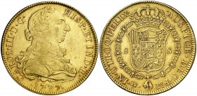 1777/6. Carlos III. México. FM. 8 escudos. (Cal. 94) (Cal.Onza 767). 26,93 g. Ceca y ensayadores invertidos. MBC.
