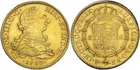 1780. Carlos III. México. FF/FM. 8 escudos. (Cal. 99) (Cal.Onza 774). 26,97 g. Ceca y ensayadores invertidos. Limpiada. (EBC+).