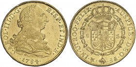 1784/3. Carlos III. México. FF. 8 escudos. (Cal. 104) (Cal.Onza 779). 26,94 g. Ceca y ensayadores invertidos. Limpiada. Muy rara. EBC/EBC+.