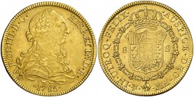 1785. Carlos III. México. FM. 8 escudos. (Cal. 109) (Cal.Onza 784). 26,99 g. Ceca y ensayadores invertidos. MBC+.