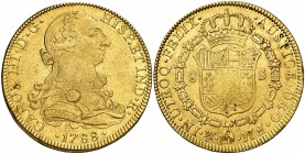 1788/7. Carlos III. México. FM. 8 escudos. (Cal. 112) (Cal.Onza 787). 26,97 g. Ceca y ensayadores invertidos. Resello particular en anverso. MBC.