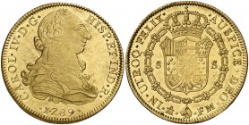 1789. Carlos IV. México. FM. 8 escudos. (Cal. 36) (Cal.Onza 1015). 27,05 g. Busto de Carlos III. Ordinal IV. Muy bella. Brillo original. Rara así. S/C...
