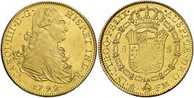 1792. Carlos IV. México. FM. 8 escudos. (Cal. 40) (Cal.Onza 1020). 27,04 g. Bella. Brillo original. Escasa así. EBC.