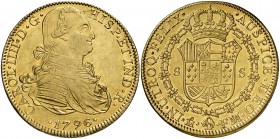 1796. Carlos IV. México. FM. 8 escudos. (Cal. 46) (Cal.Onza 1027). 27,03 g. Acuñación algo floja. Bella. EBC/S/C-.