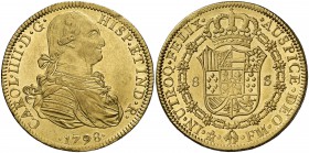 1798. Carlos IV. México. FM. 8 escudos. (Cal. 49) (Cal.Onza 1030). 27,01 g. Muy bella. Brillo original. Escasa así. EBC+/S/C.