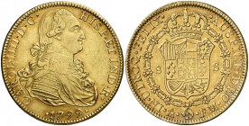 1799. Carlos IV. México. FM. 8 escudos. (Cal. 51) (Cal.Onza 1032). 26,99 g. Leves marquitas. Acuñación algo floja. Precioso color. EBC-/EBC+.