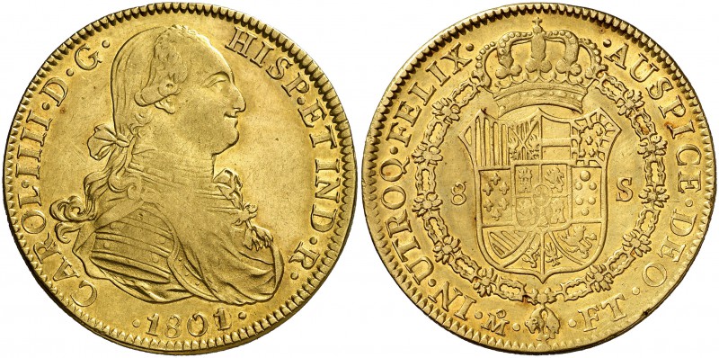 1801/0. Carlos IV. México. FT. 8 escudos. (Cal. 54) (Cal.Onza 1035). 26,94 g. Go...