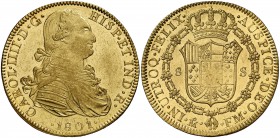 1801. Carlos IV. México. FM. 8 escudos. (Cal. 53) (Cal.Onza 1034). 27,03 g. Bellísima. Brillo original. Rara así. EBC+/S/C.
