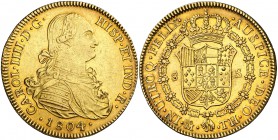 1804/3. Carlos IV. México. TH. 8 escudos. (Cal. 58) (Cal.Onza 1039). 26,99 g. Leve hojita en el reverso. Precioso color. Escasa. EBC-.
