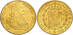 1805. Carlos IV. México. TH. 8 escudos. (Cal. 60) (Cal.Onza 1041). 26,86 g. Leves marquitas. Bella. Precioso color. Rara así. EBC/EBC+.