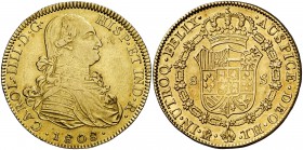 1808. Carlos IV. México. TH. 8 escudos. (Cal. 65) (Cal.Onza falta). 26,99 g. sobre invertida. Rara rectificación. EBC-/EBC.