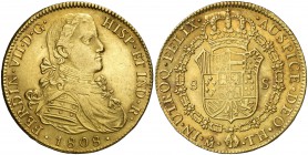 1808. Fernando VII. México. TH. 8 escudos. (Cal. 43) (Cal.Onza 1251). 26,97 g. Busto imaginario. MBC+.