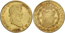 1815/4. Fernando VII. México. HJ. 8 escudos. (Cal. 52) (Cal.Onza 1262). 26,97 g. Bonito color. MBC/EBC-.
