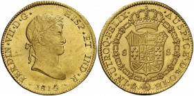 1815/4. Fernando VII. México. JJ. 8 escudos. (Cal. 54) (Cal.Onza 1264). 27,04 g. Bellísima. Pleno brillo original. Rara así. S/C.