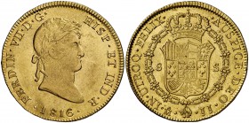1816. Fernando VII. México. JJ. 8 escudos. (Cal. 56) (Cal.Onza 1266). 27,01 g. Bella. Brillo original. Rara así. EBC+/S/C-.