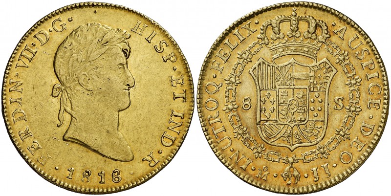 1818/7. Fernando VII. México. JJ. 8 escudos. (Cal. 58) (Cal.Onza 1268). 27 g. Le...