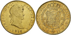 1818/7. Fernando VII. México. JJ. 8 escudos. (Cal. 58) (Cal.Onza 1268). 27 g. Leves marquitas. Bella. Brillo original. Rara así. EBC+/S/C-.