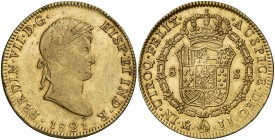 1821. Fernando VII. México. JJ. 8 escudos. (Cal. 62) (Cal.Onza 1272). 27,01 g. Golpecitos en el canto. Bella. Escasa así. EBC/EBC+.