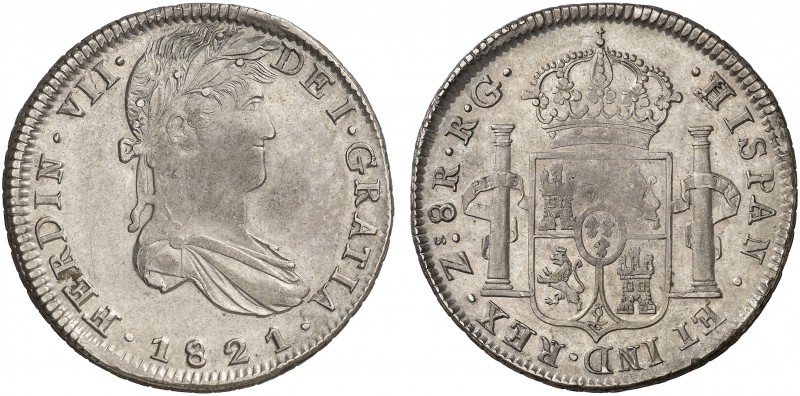 1821. Fernando VII. Zacatecas. RG. 8 reales. (Cal. 697). 27,11 g. Cinco madroños...
