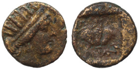 ISLANDS OFF CARIA. Rhodos, circa 180-84 BC. Ae (bronze, 1.43 g, 12 mm). Radiate head of Helios right. Rev. Rose within incuse square. SNG Copenhagen 8...