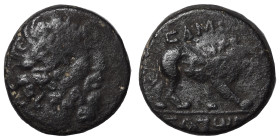 COMMAGENE. Samosata. Circa mid 1st century BC. Tetrachalkon (bronze, 5.99 g, 18 mm). Laureate head of Zeus to right. Rev. CAMO-CATωN Lion walking righ...