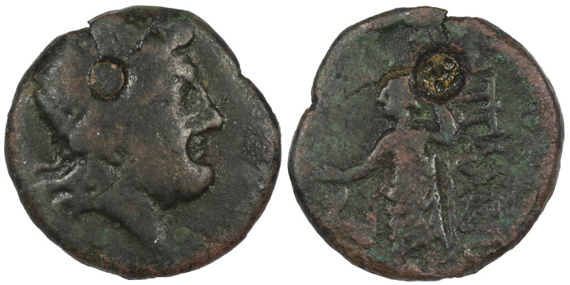 Greek. Ae (bronze, 2.91 g, 15 mm). Head right. Rev. Uncertain deity standing lef...