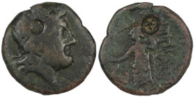 Greek. Ae (bronze, 2.91 g, 15 mm). Head right. Rev. Uncertain deity standing left, holding sceptre. Nearly very fine.