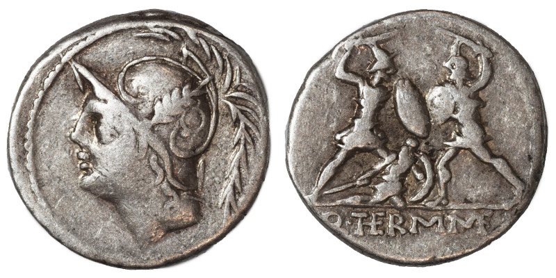 Q. Thermus M.f., 103 BC. Denarius (silver, 3.84 g, 19 mm), Rome. Head of Mars le...