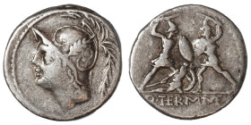 Q. Thermus M.f., 103 BC. Denarius (silver, 3.84 g, 19 mm), Rome. Head of Mars left, wearing crested helmet, ornamented with plume and annulet. Rev. Q ...