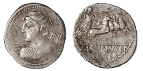 C. Licinius L.f. Macer, 84 BC. Denarius (silver, 3.99 g, 22 mm), Rome. Bust of Apollo to left, seen from behind, holding thunderbolt in his right hand...